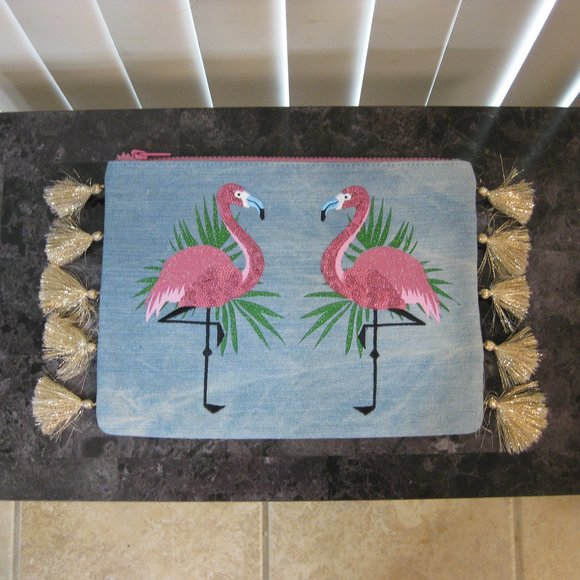 Express Handbags - NWOT Express blue denim flamingo makeup bag pouch
